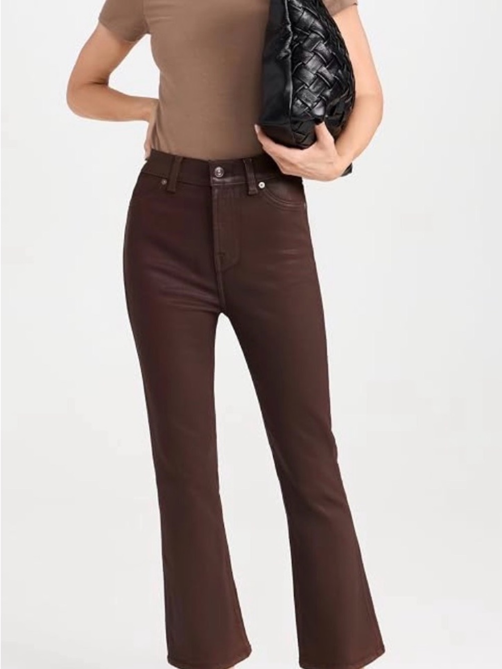 7 For All Mankind Chocolate Brown High-Waist Slim Kick Coated Denim Trouser
